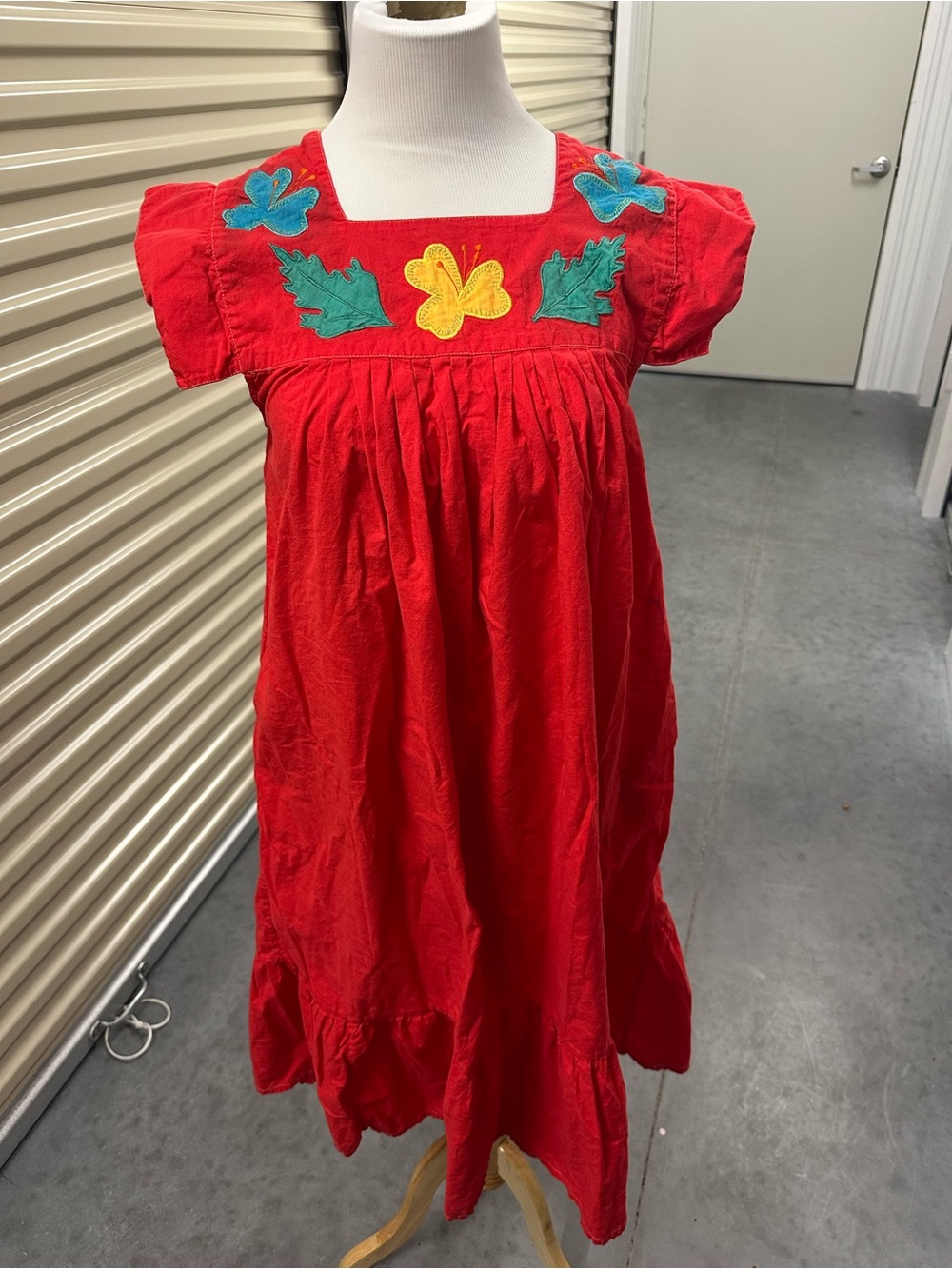 Vintage Red Embroidered Dress with Floral Appliqué 70’s Bohemian